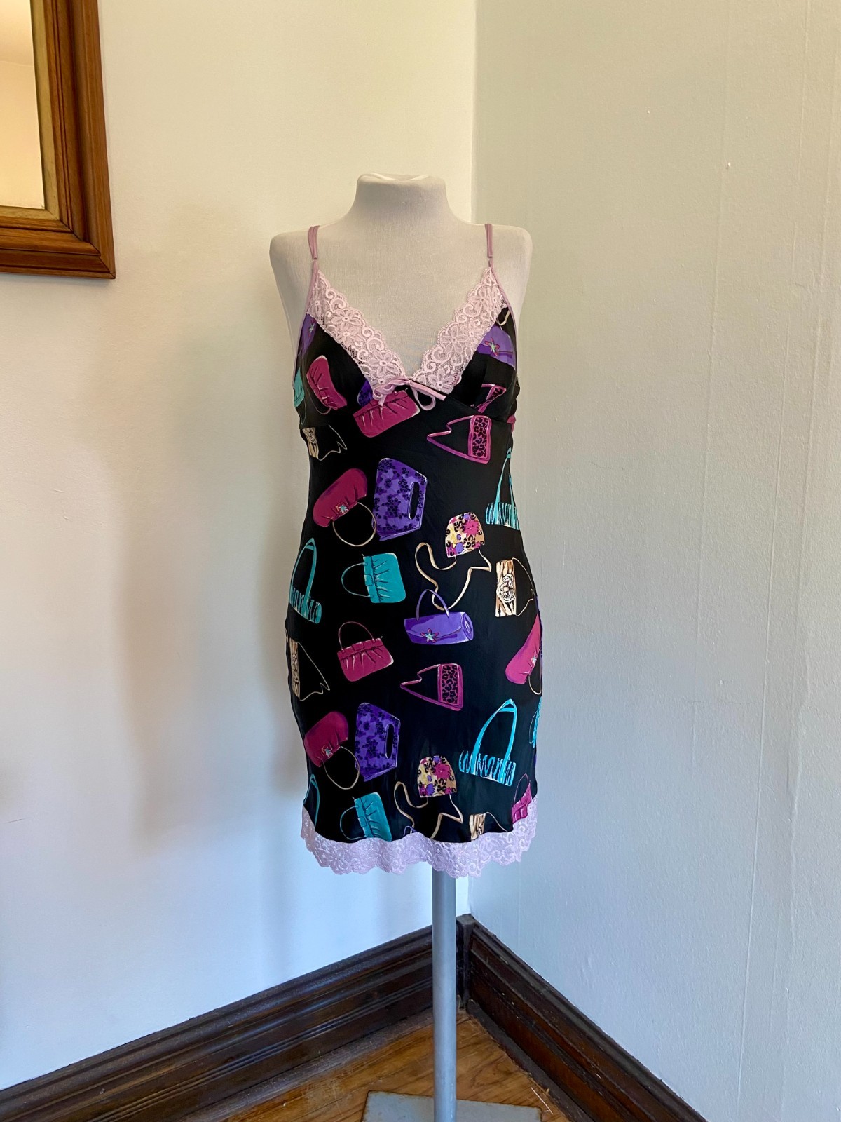 VTG Nicole Miller 2000 100% Silk Slip Dress Bag Purse Print Animal Lace RARE Pur