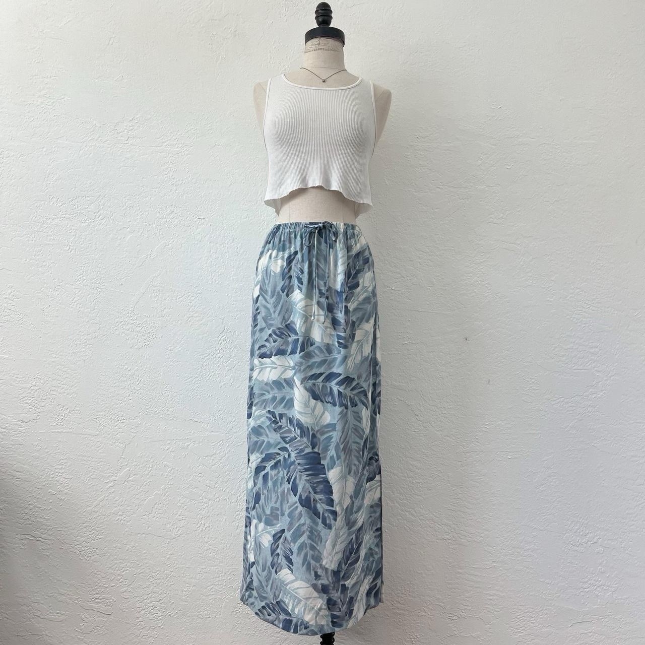 Vintage 90’s AGB blue tropical leaf print midi skirt with slits Sz Sm