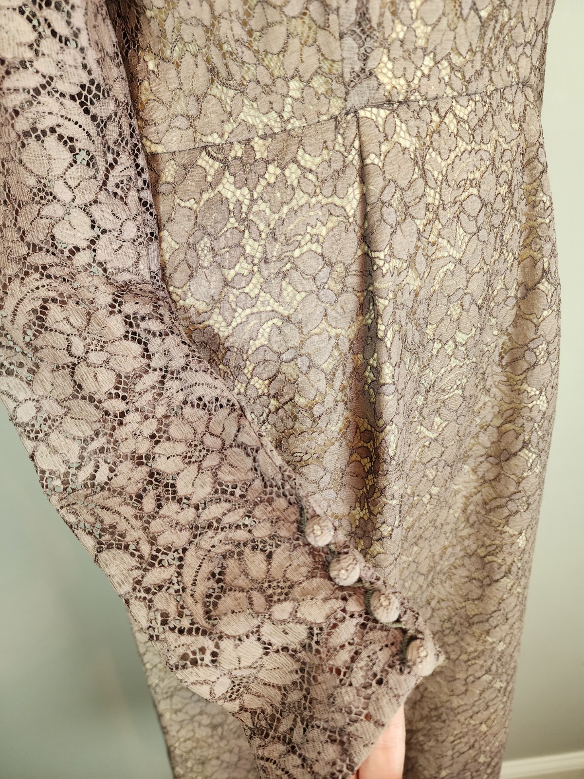 Vintage Late 1940’s Mauve Lace Over Champagne Satin Cocktail Dress with Godet
