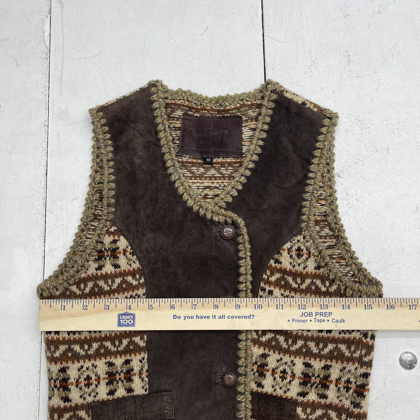 Vintage Rene Derhy Brown Wool Leather Button Up Vest Women’s Size Medium