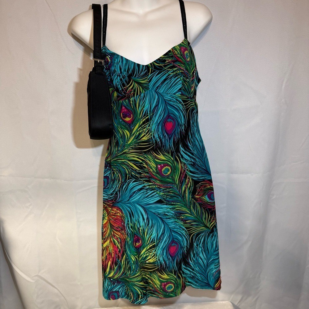 Nanette Lepore 100% Silk Peacock Feather Beaded Slip Dress Y2K Size 4 Rare