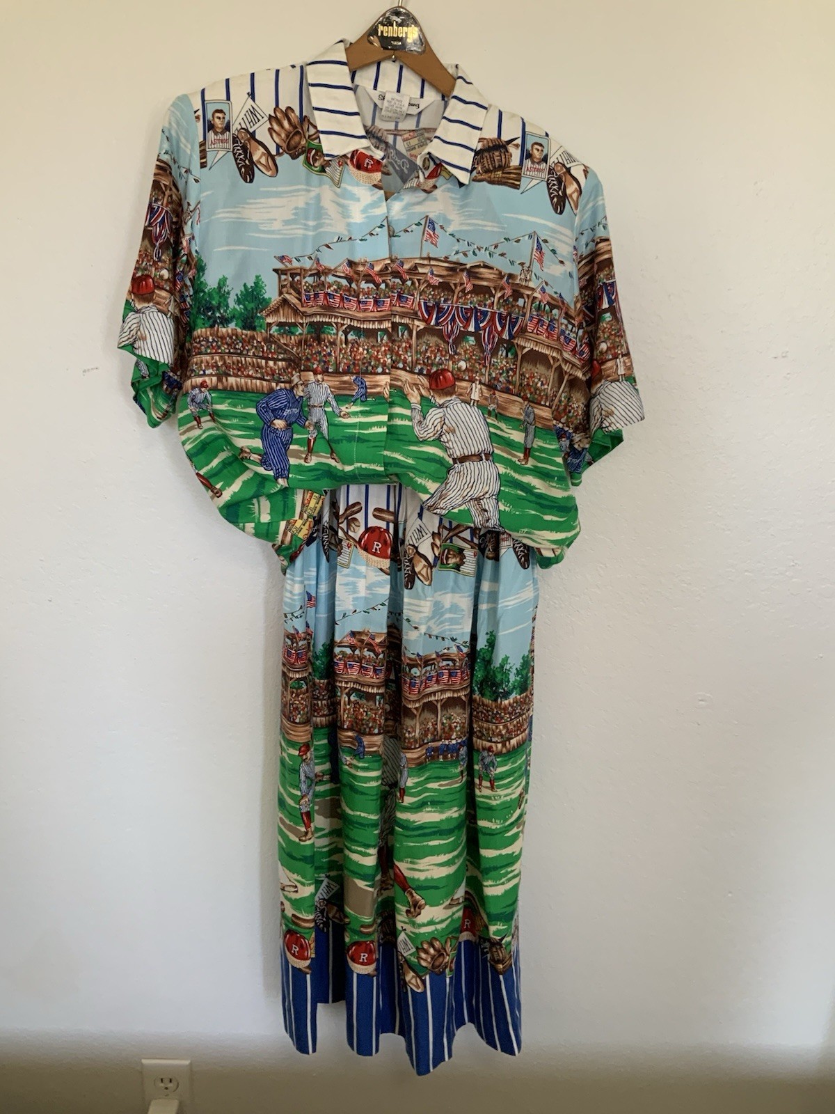 Vtg Sharon Young Top Pleated Skirt Set Baseball & USA July 4th Outfit 1980’s