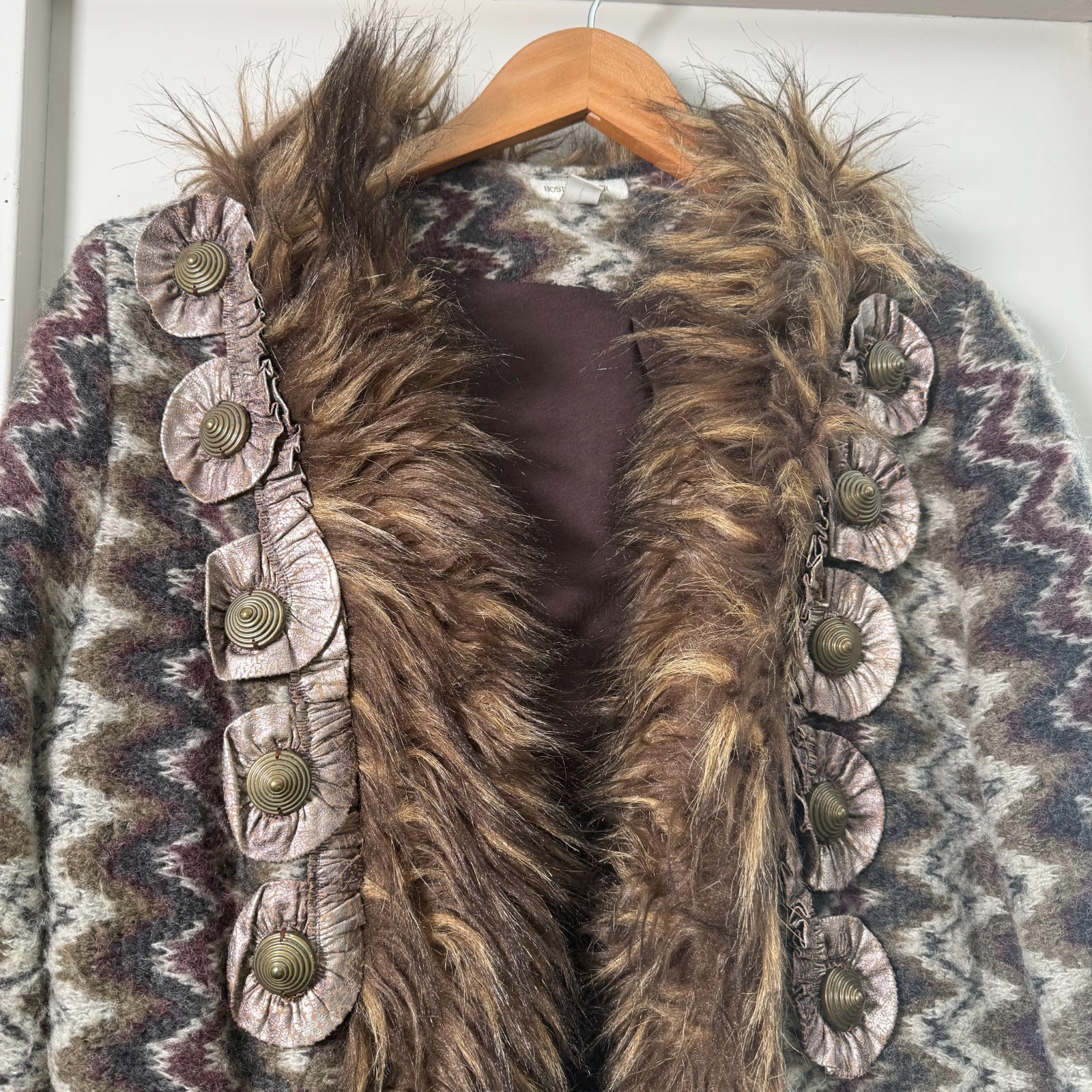 Vintage Boston Proper Faux Fur Trim Coat Women Wool Blend Jacket Medium Art