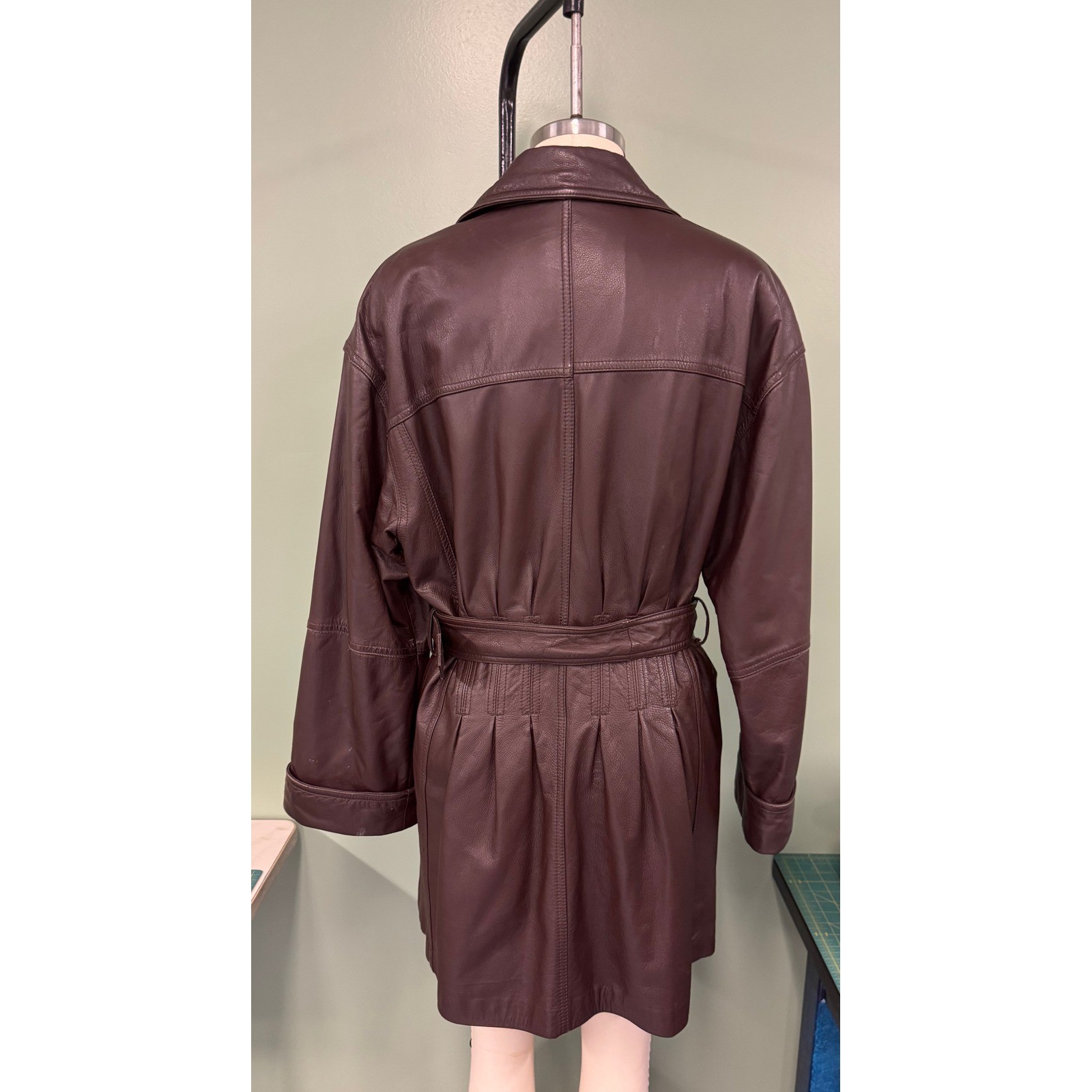 Together! Vintage Brown Leather Trench Coat Double Breasted Belted Jacket Large
