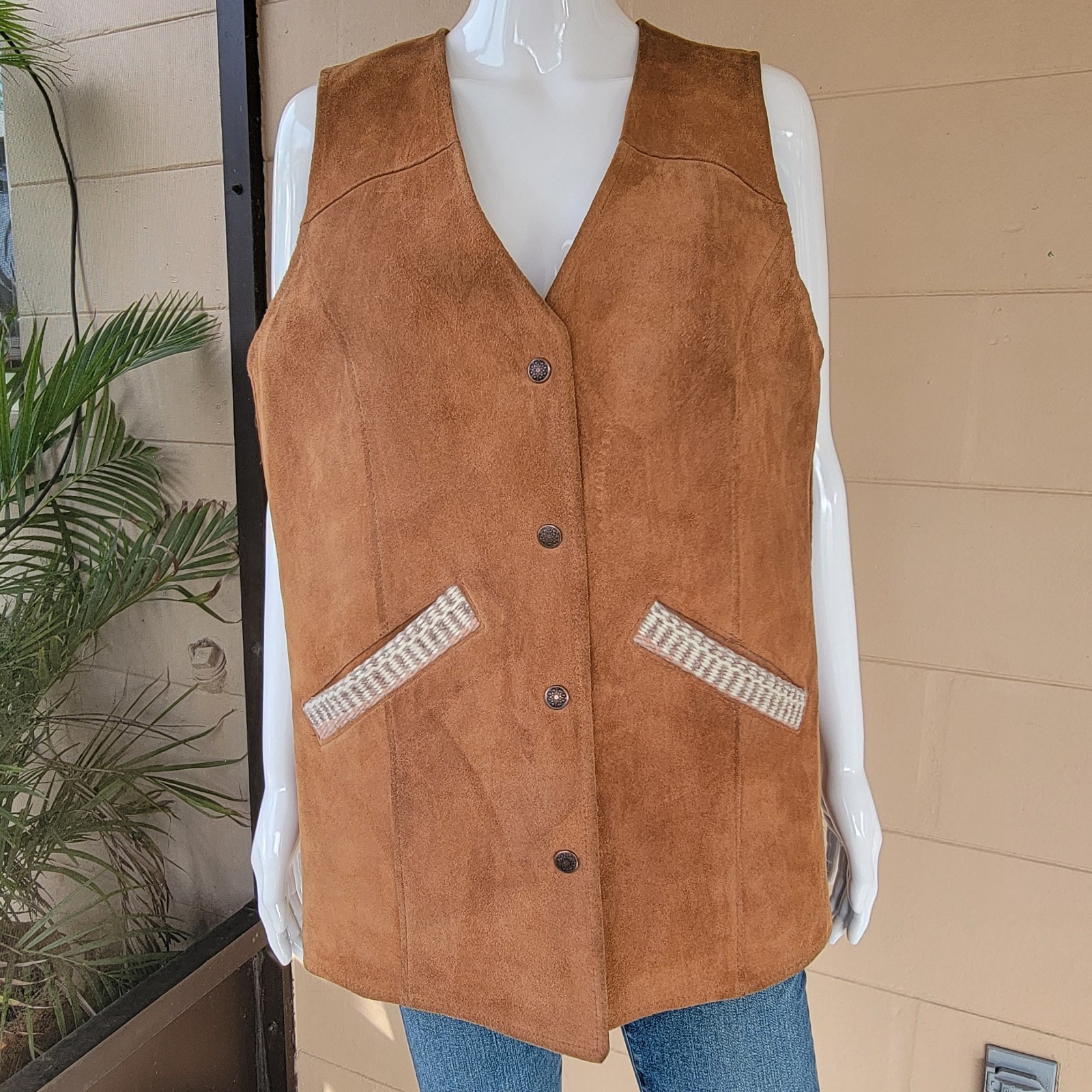 Golden Pioneer Wear Suede Jacket VTG 80s Women’s 14 Leather Vest Tan Yei Blanket