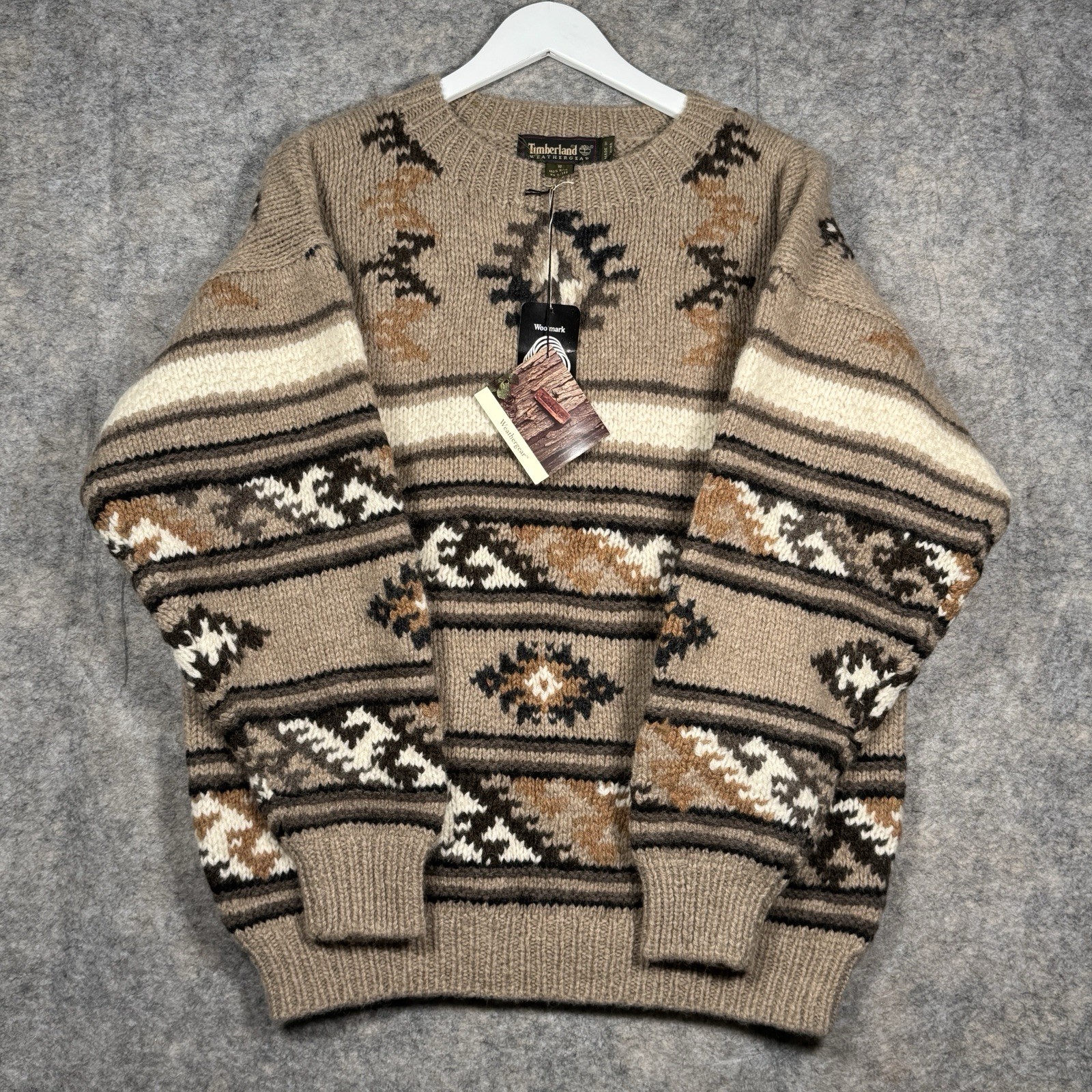 Vintage NWT Timberland 100% Wool Hand Knit Sweater Size S 24×27 Geometric Brown