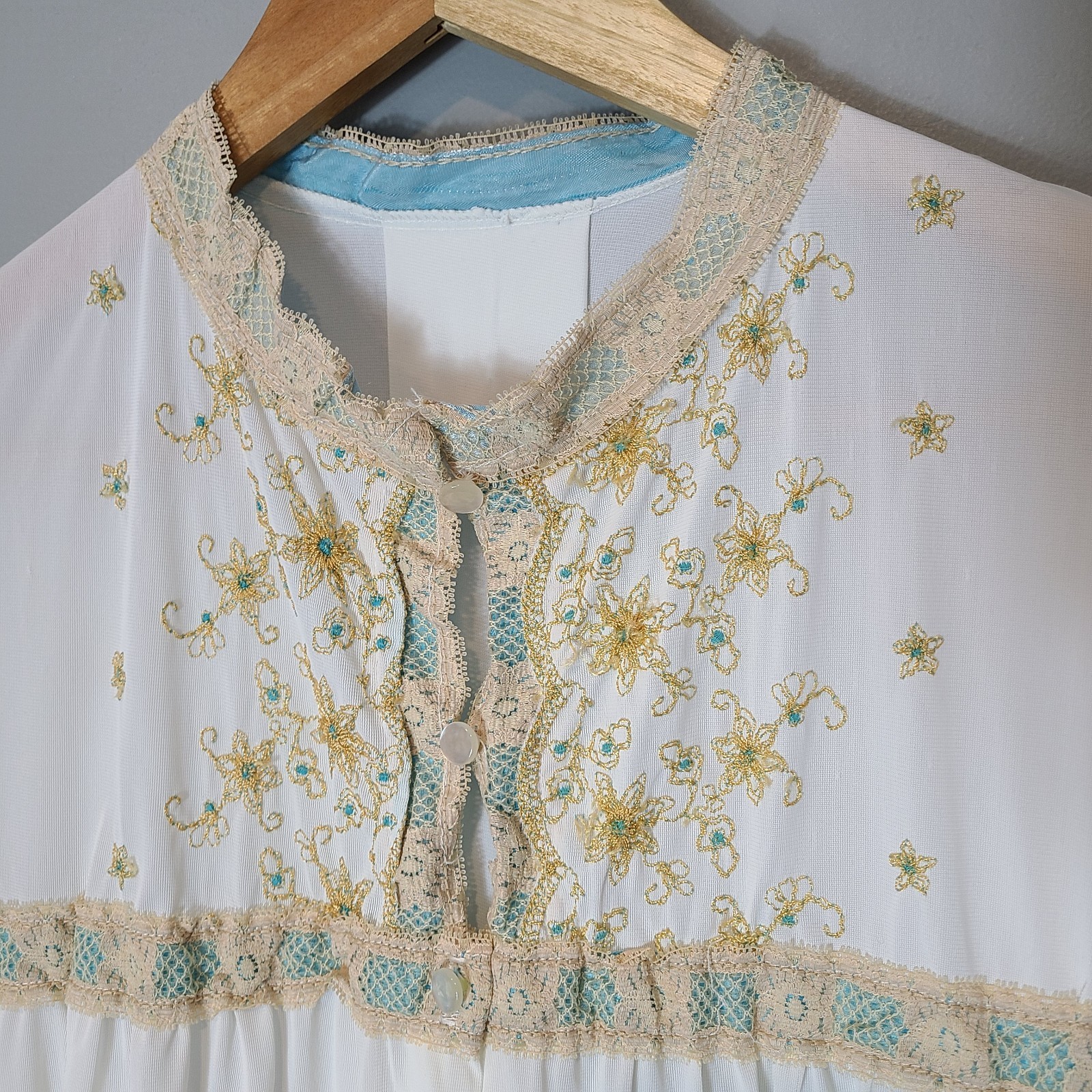 Vintage 1970s White Nylon Nightgown Lace Turquoise Gold Ren Faire Regency Fairy