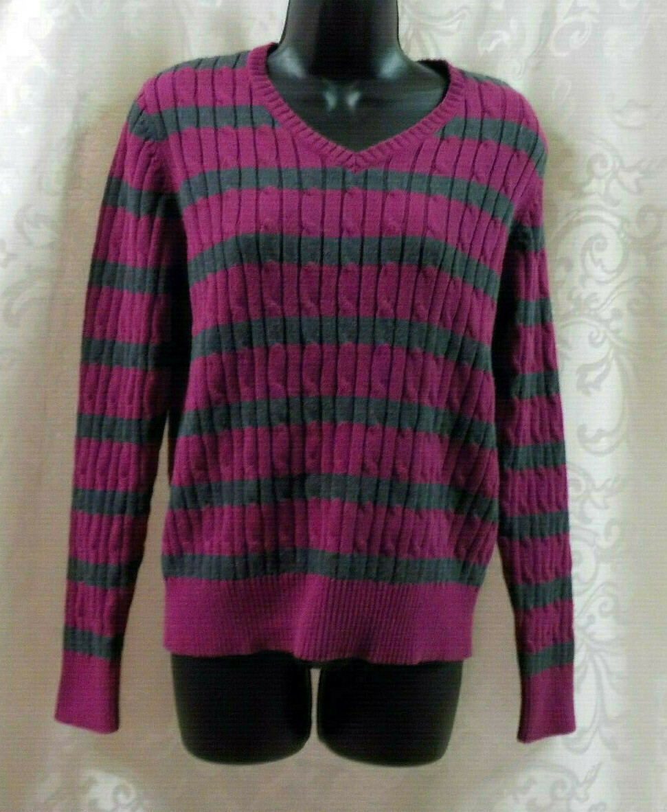 Vintage 2000 St. John’s Bay Sweater Size L Stripe Cotton Blend Long Sleeve V Nec