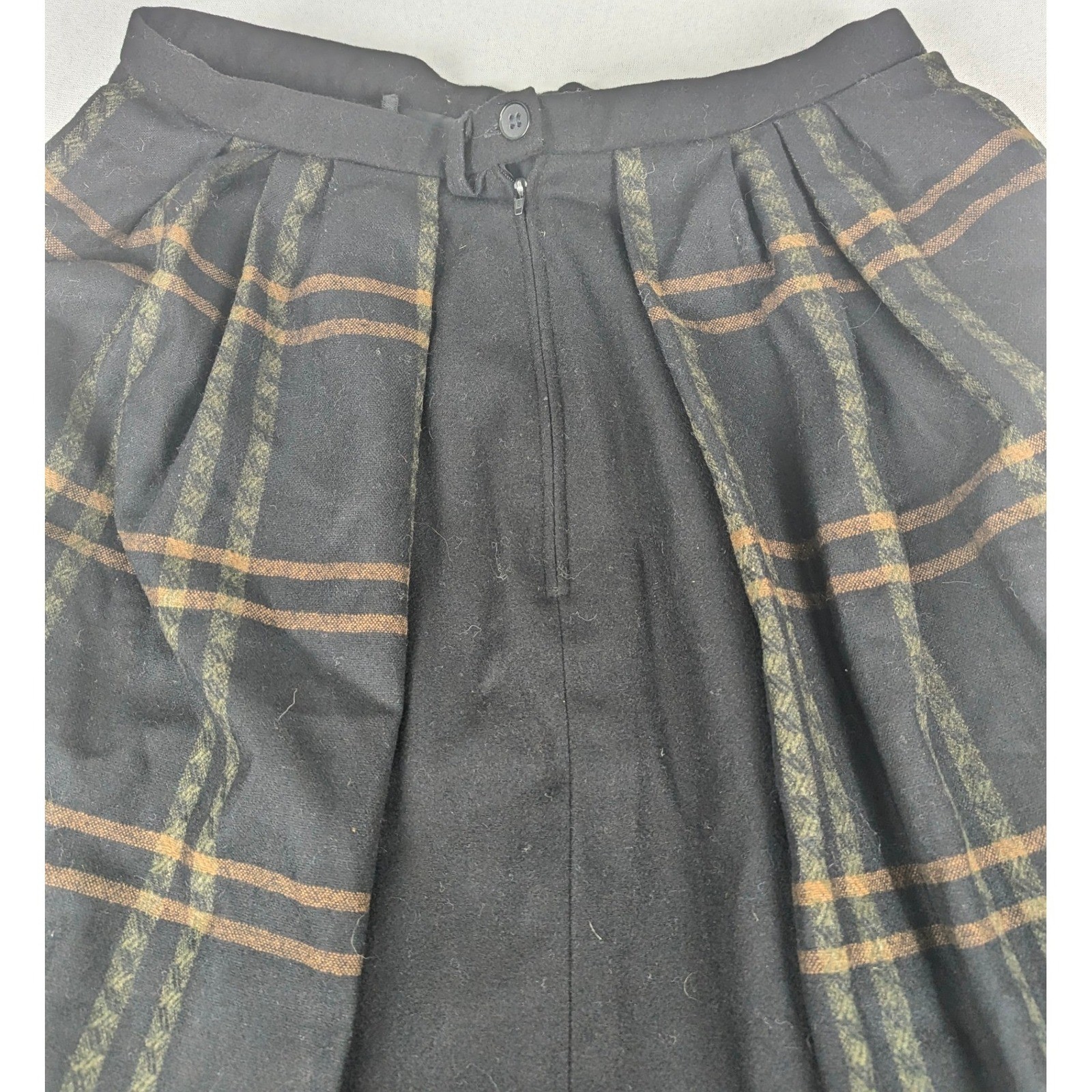 Vtg Litza Windowpane Plaid Pleated Midi Skirt Black/Brown W. Germany 30W