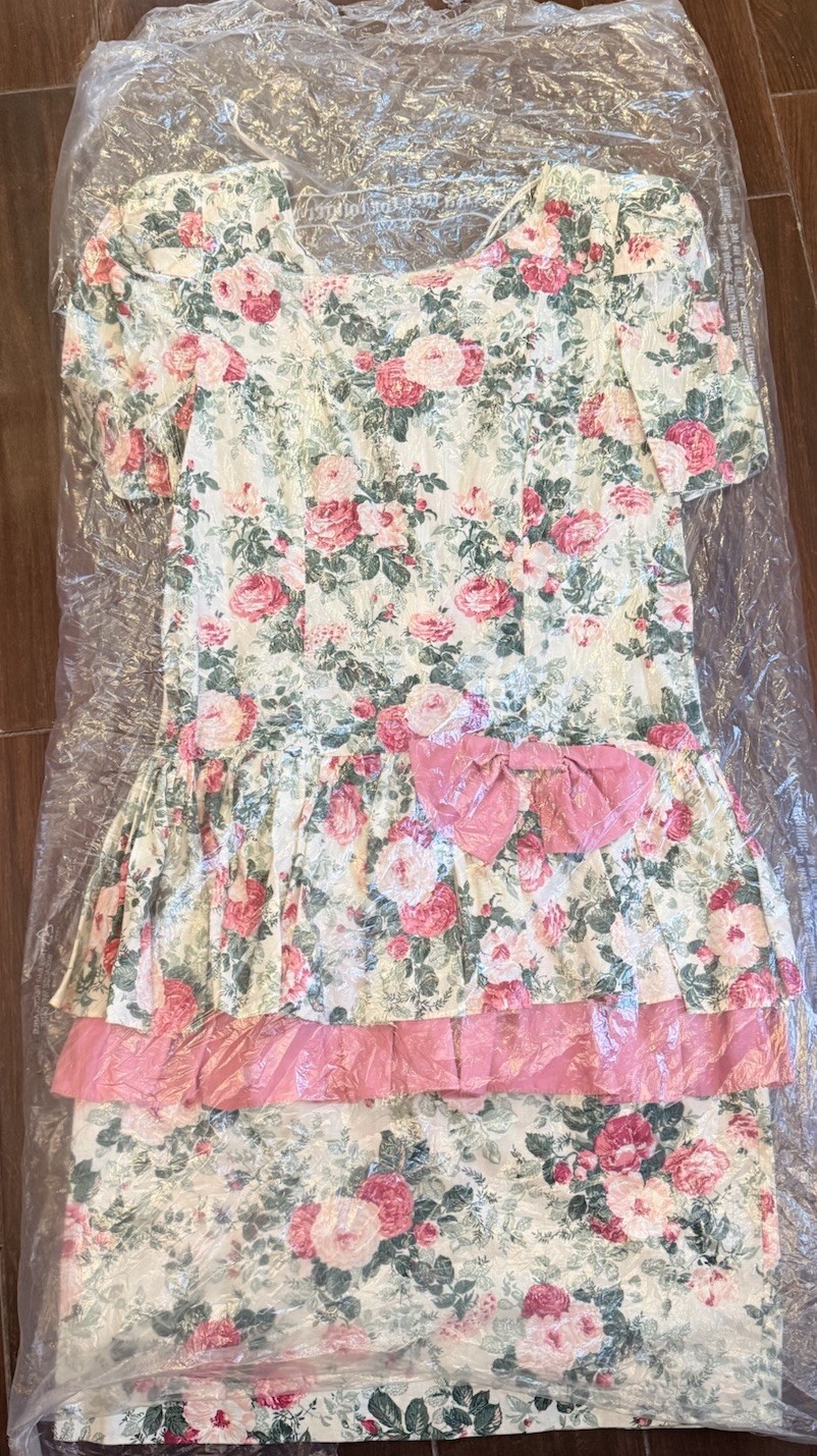 Vintage Brandywine Creek Floral Dress Pink Bow Cottagecore USA Cotton 13/14