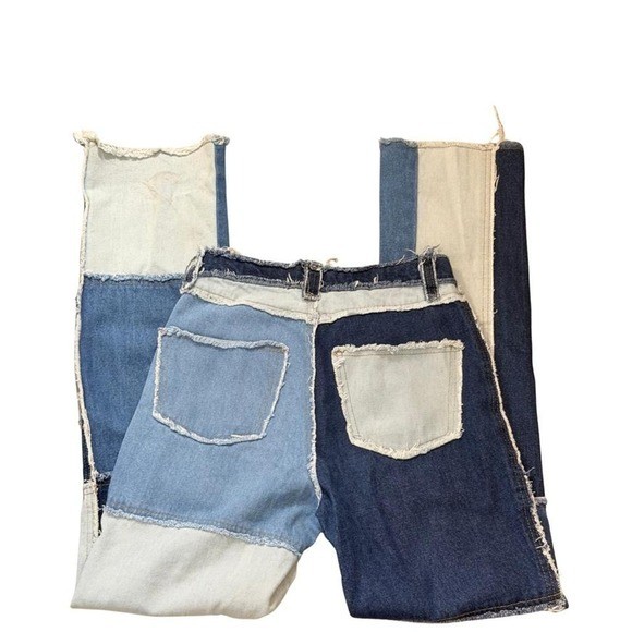 Skater Eclectic Jaded London Frayed Patchwork Panel Jeans Blue Denim Size W25