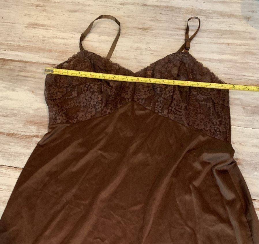 Vtg Van Raalte Chocolate Brown Nylon Full Slip Dress Lace Hem Fairy Grunge Sz 36