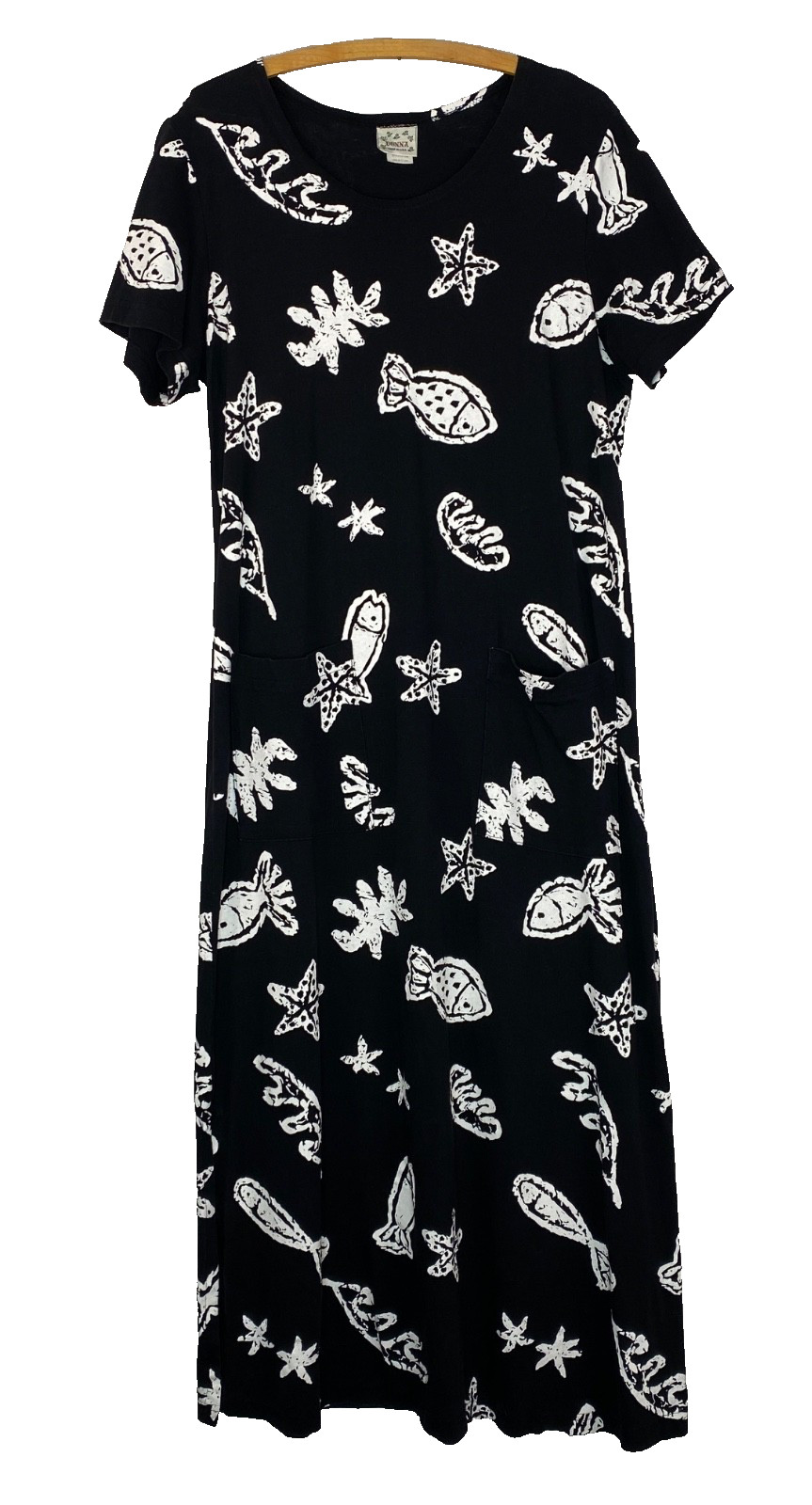 Vintage 1990s novelty print midi dress M fish star beach cotton relaxed pockets