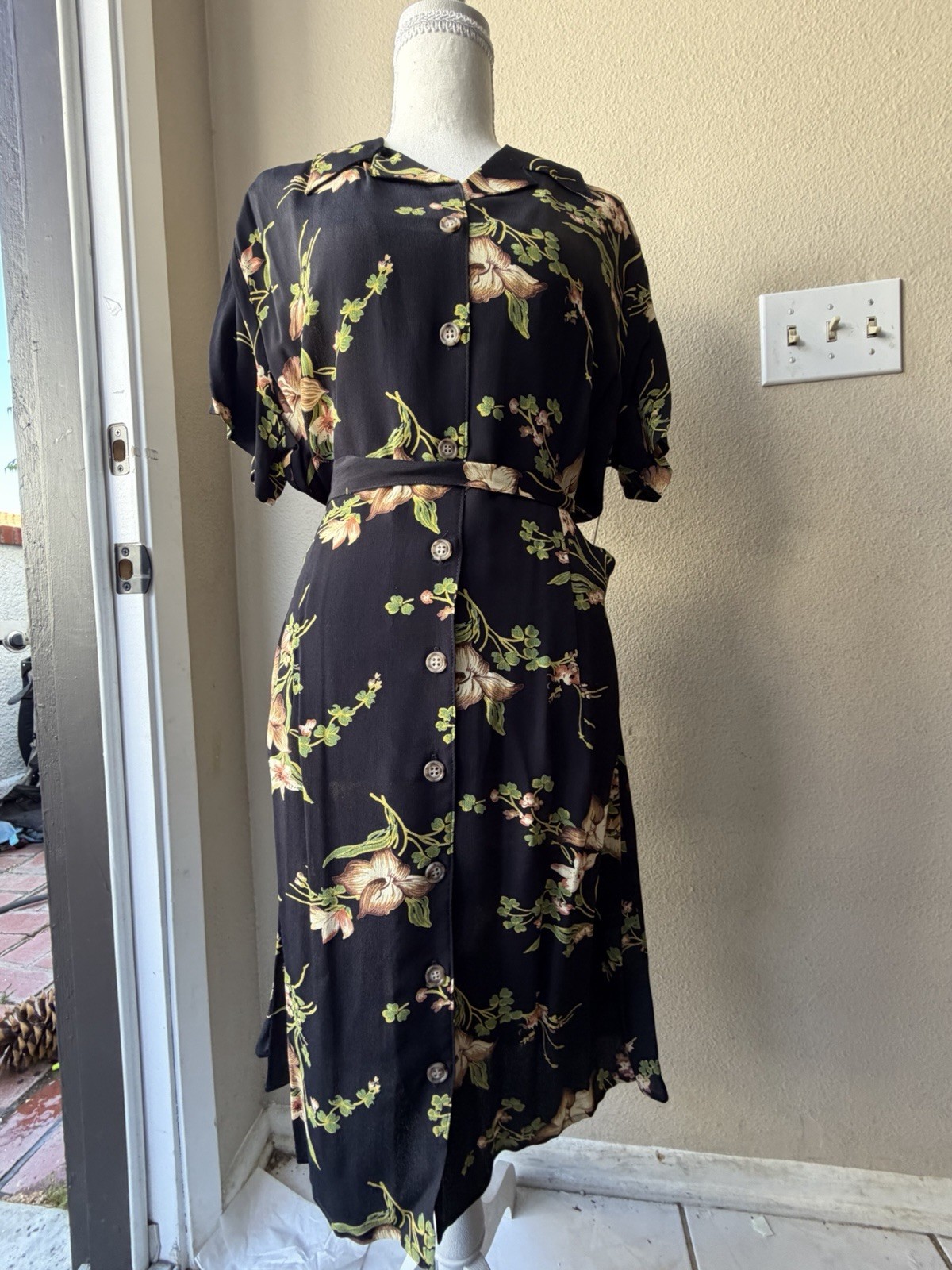 NWT Vintage 90s Karen Kane Rayon Rose Dark Floral Shirt Dress 16 Fits L 12 14