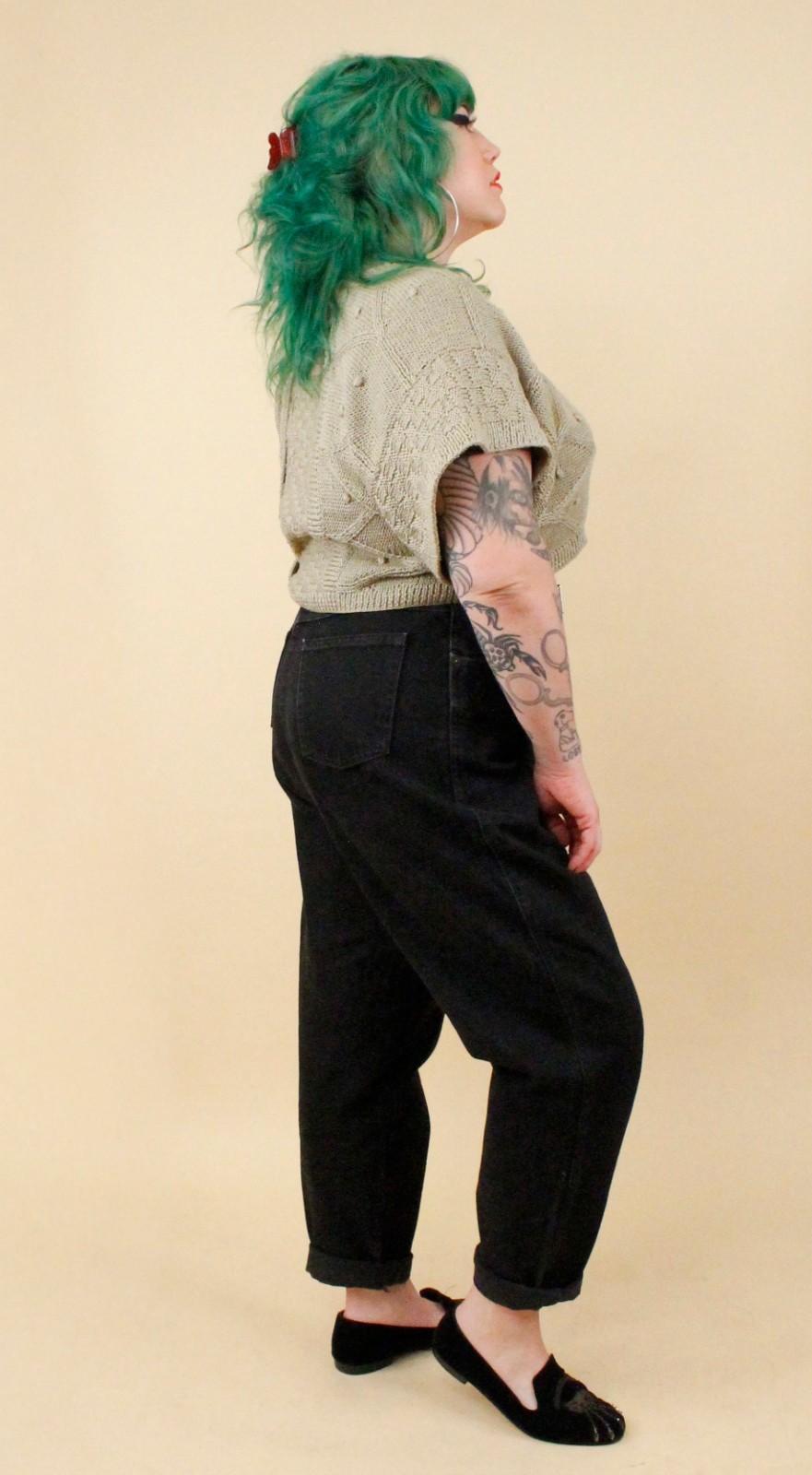 80s Vtg Jeanne Marc Olive Green Knit Cotton & Woven Leather Crop Sweater tag S-L