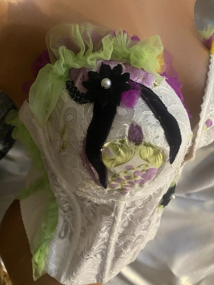 Vtg Dollcore CORSET BRA Festival BUSTIER Sissy Patchwork BOWS COACHELLA 38D