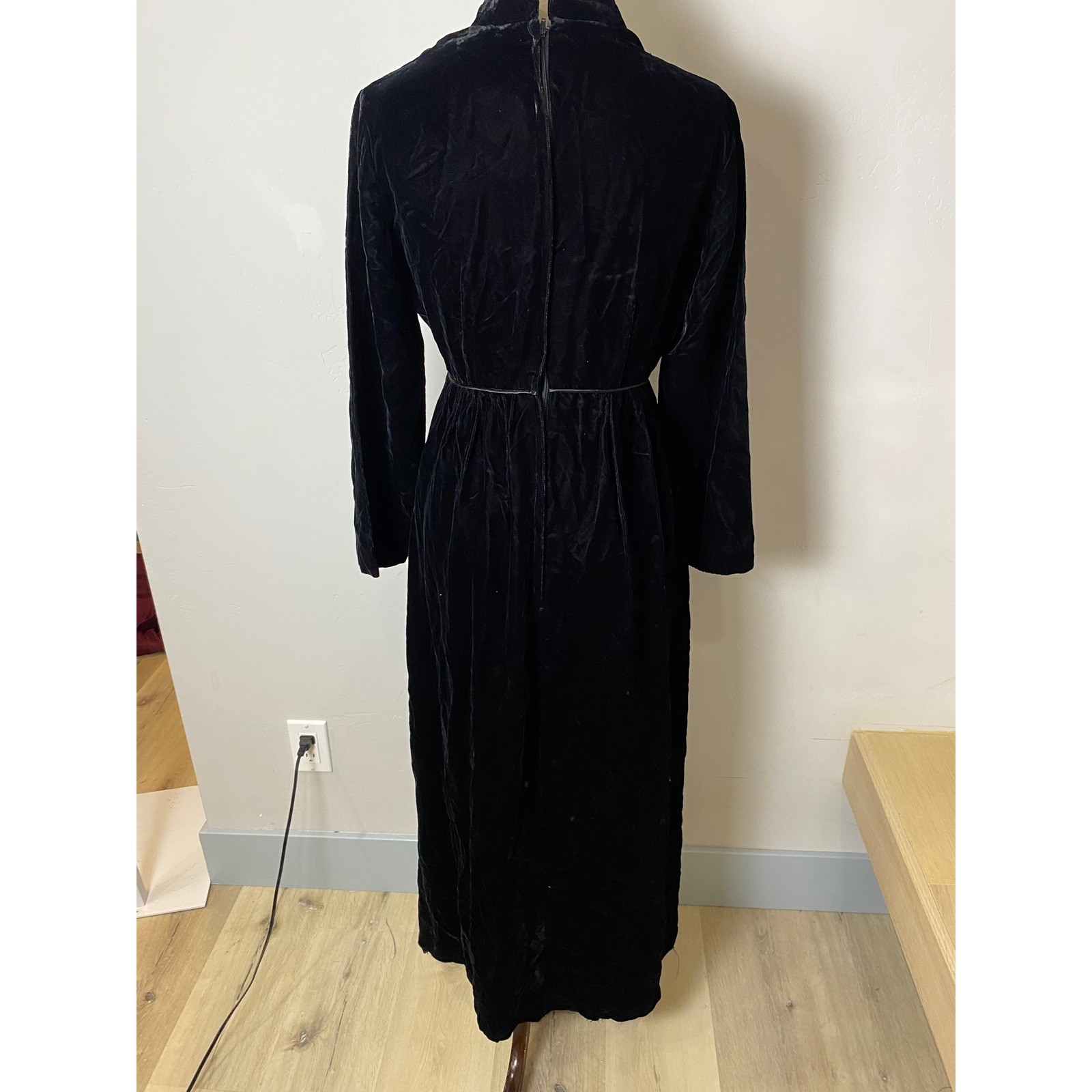Vintage 1960s Fashions by Marilyn NY Black Velvet Mandarin Collar Maxi Dress S