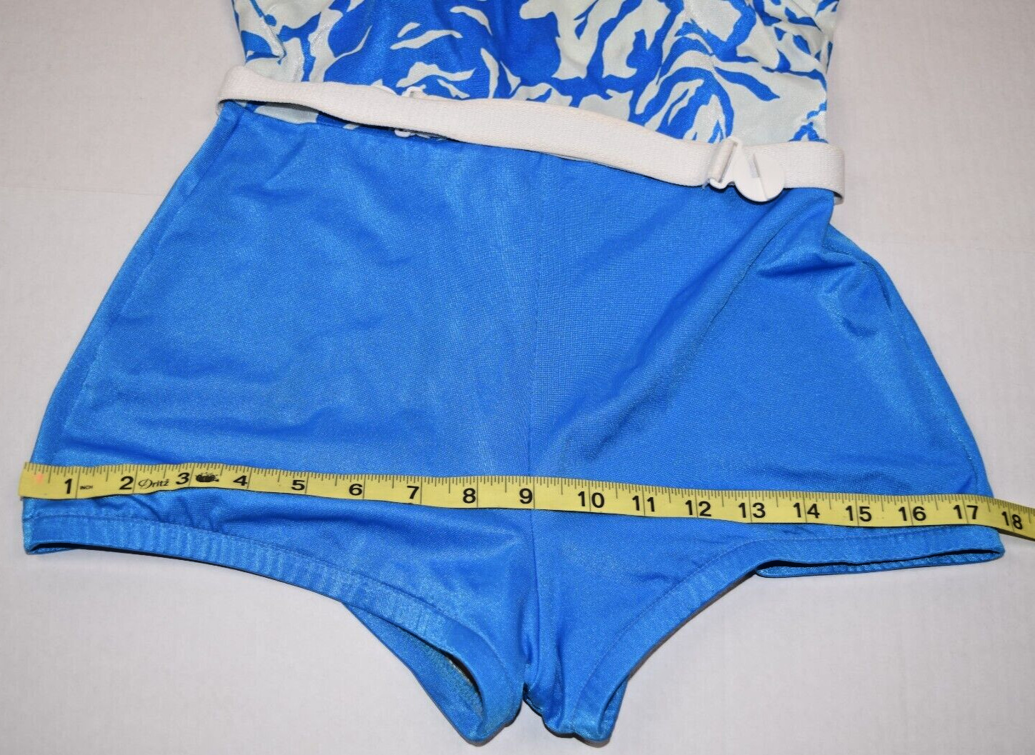 Vintage Swimsuit 2 Tone Electric Blue White Size 16 S/M 70s Internal Bra & Belt