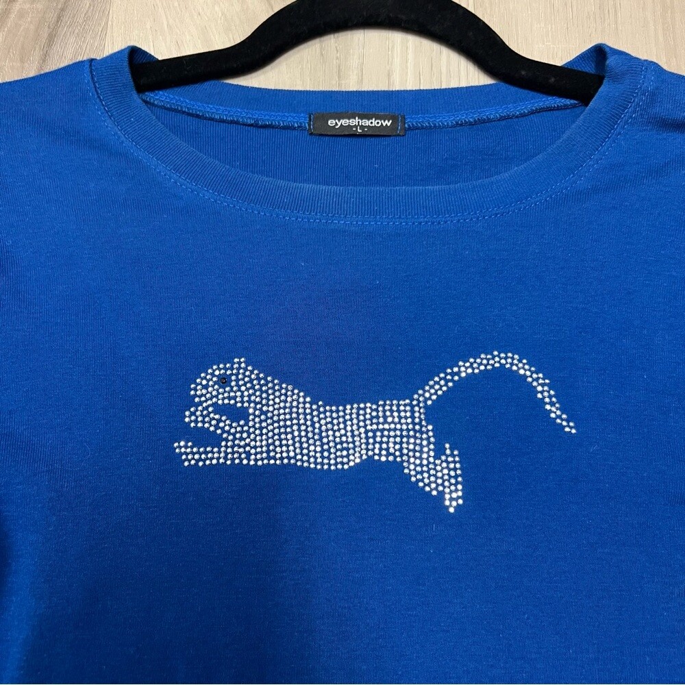 NWOT eyeshadow blue top with bling cat sz L vintage Y2K Long sleeves 100% Cotton