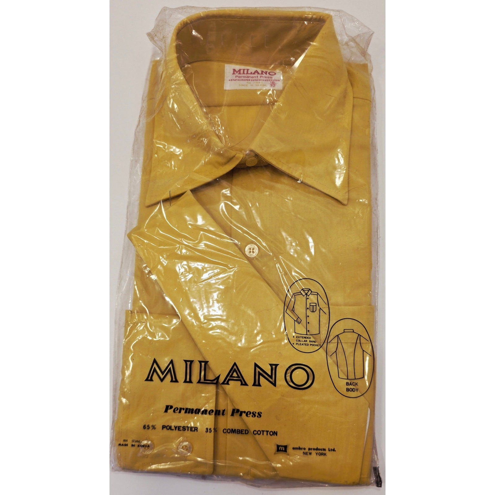 VINTAGE *NEW* 1960’s Milano Men’s Mustard Collared Shirt Poly/Cotton Size 16-32