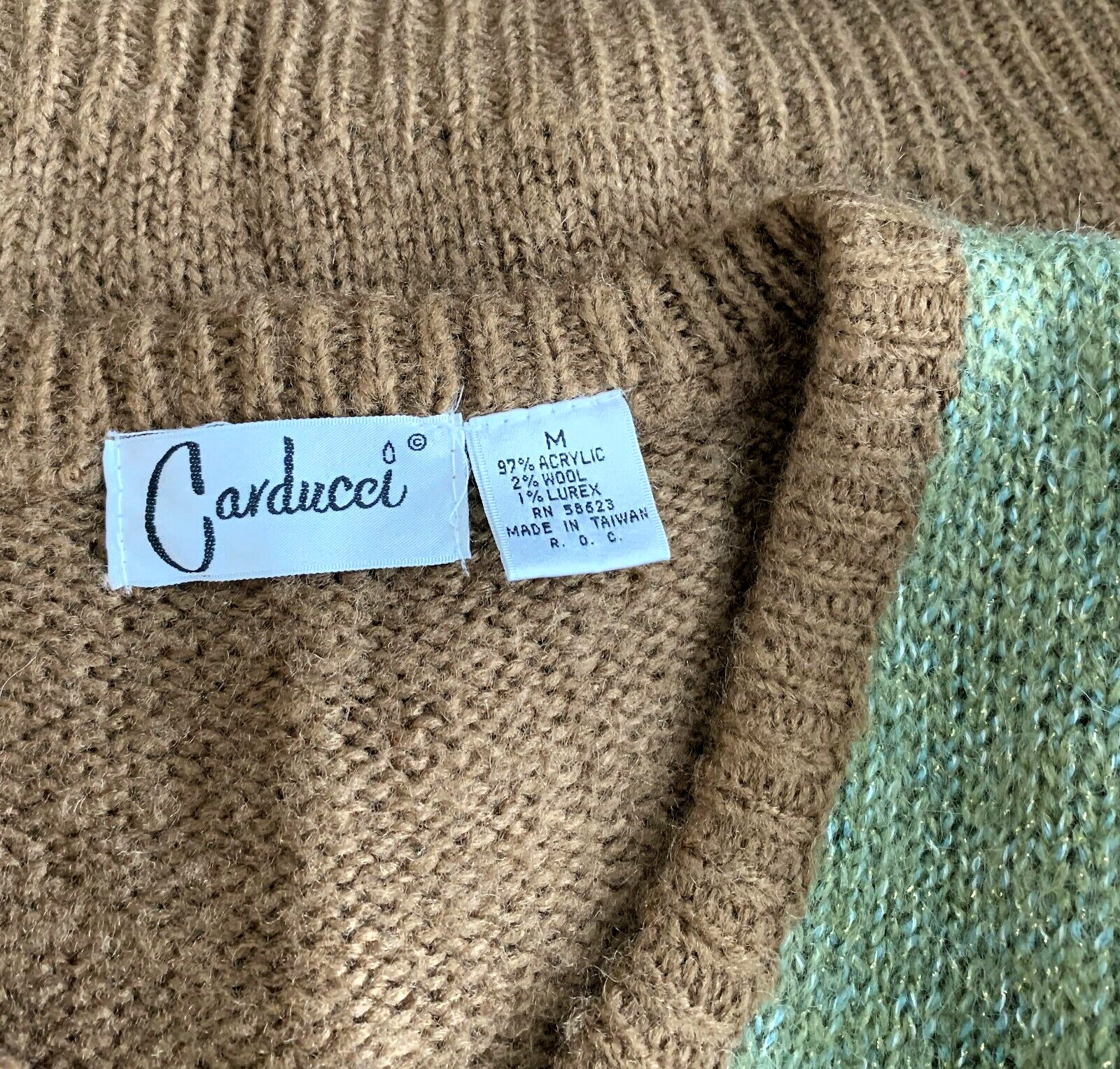 Vintage 1980’s Carducci V-Neck Sweater Brown Green White Gold Metallic Sz Medium