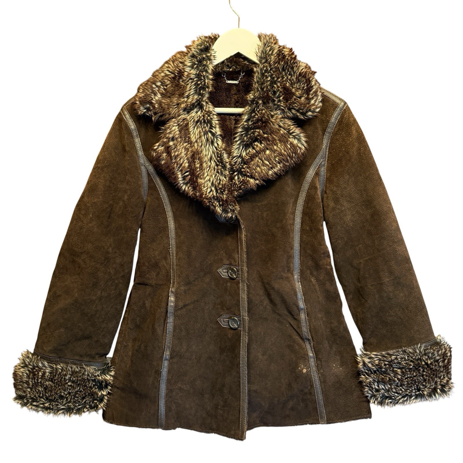 VTG Y2K Penny Lane Coat London Fog Brown Suede Boho SZ S Hippie Gypsy Rave Jacke