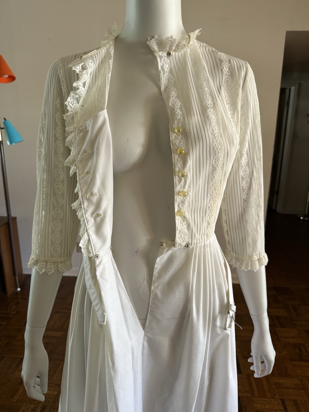 1960s 70s Judy Rhodes Victorian Revival Pleated Lace Dress Prairie Romantic VTG