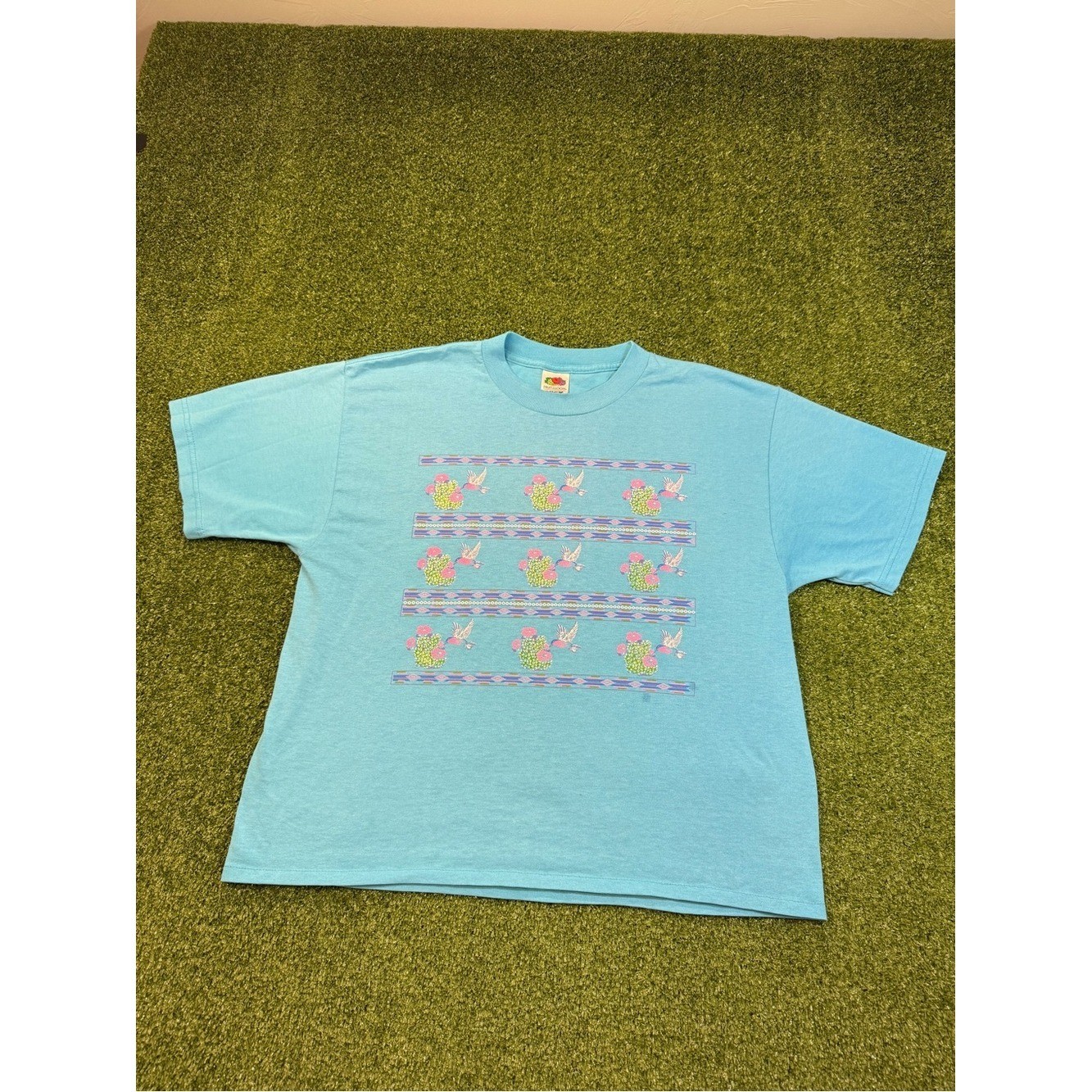 Vintage Fruit of the Loom Single Stitch Blue Babydoll T-Shirt Hummingbird Cactus