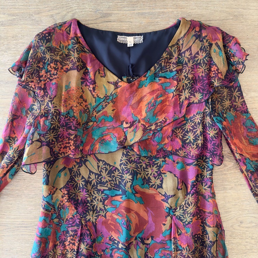 VTG Holly Harp 100% Silk Chiffon Tiered Ruffle Long Sleeve Floral Dress-Size Med