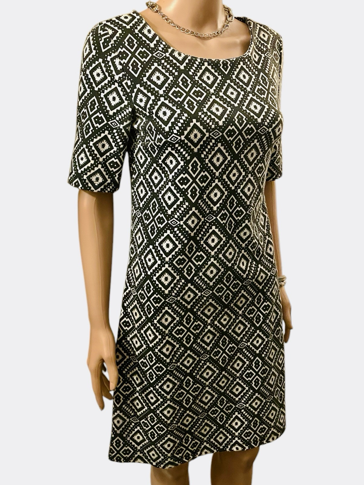 Vintage Dress Black and White Monochrome Geo Print Stretch Jersey Retro Mod S