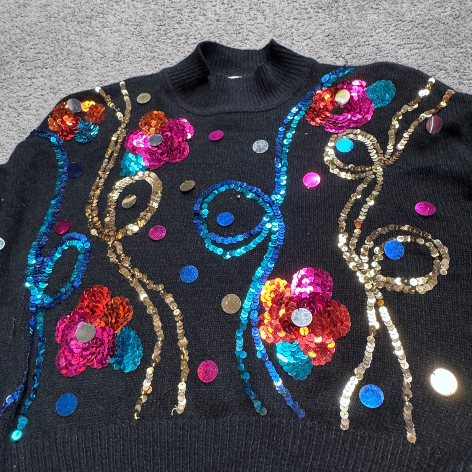 Vintage 80s MY Women Large Sequin Black Sweater Colorful Silk Rabbit Hair