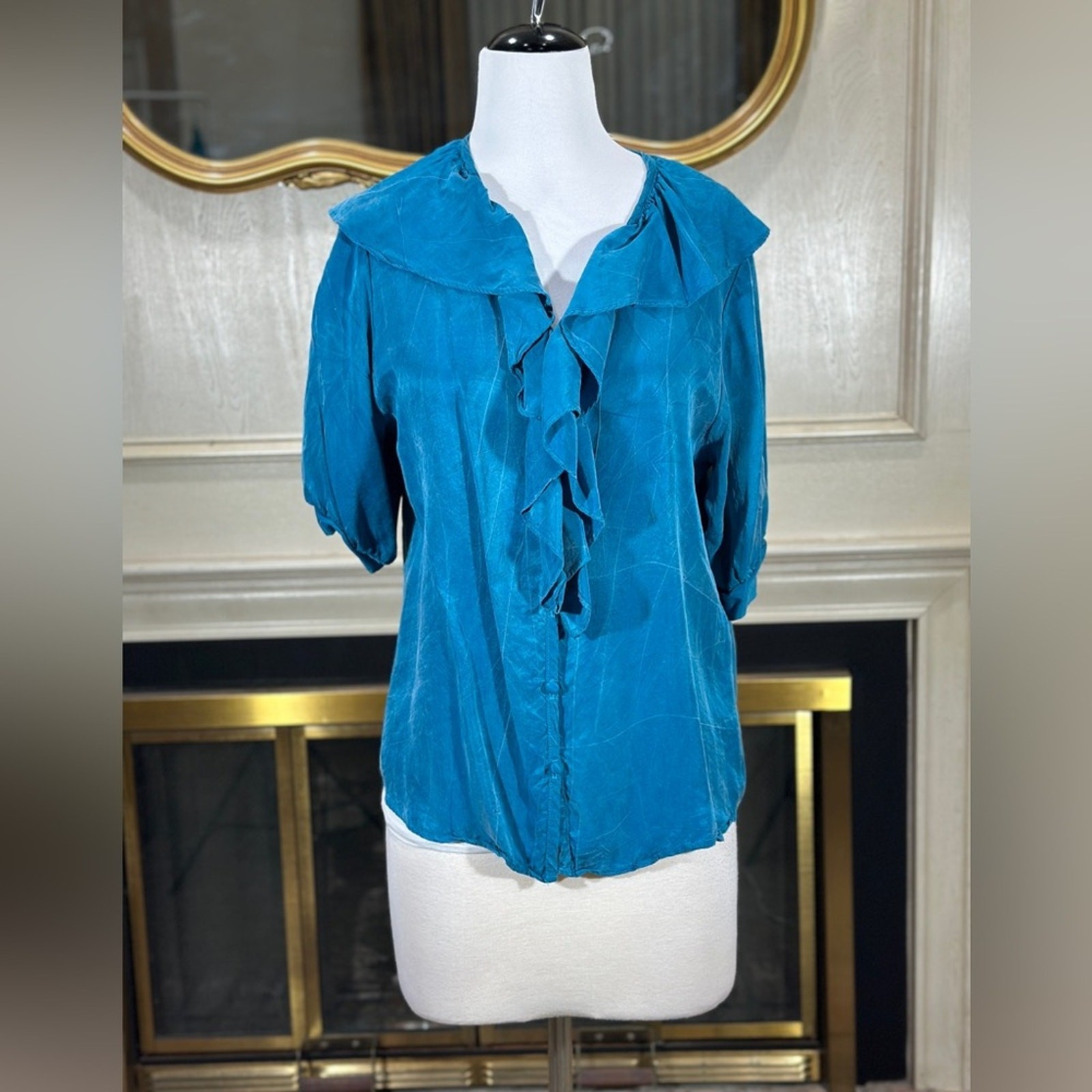 Broomskirts by Lucia Lukken Blue Rayon Ruffle Blouse Sz M Made in USA Vintage
