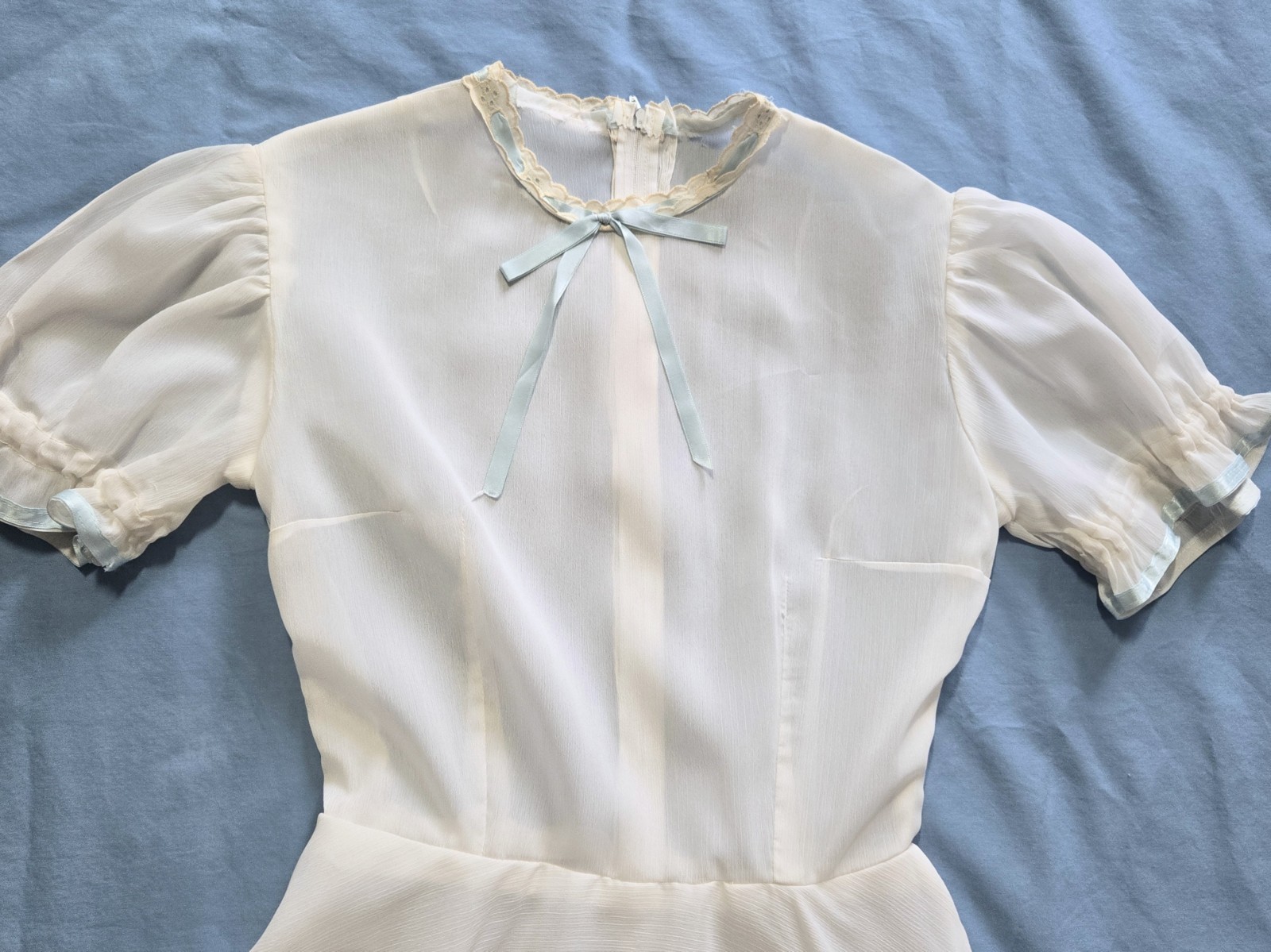 Vintage Simple White Puff Sleeve Circle Skirt Dress with Blue Ribbon Handmade