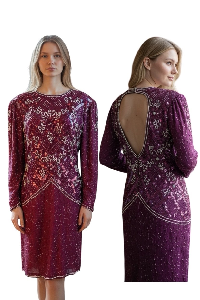 Sweelo Vintage Heavily Sequin Beaded Sheath Evening Event Holiday Dress XL 12-14