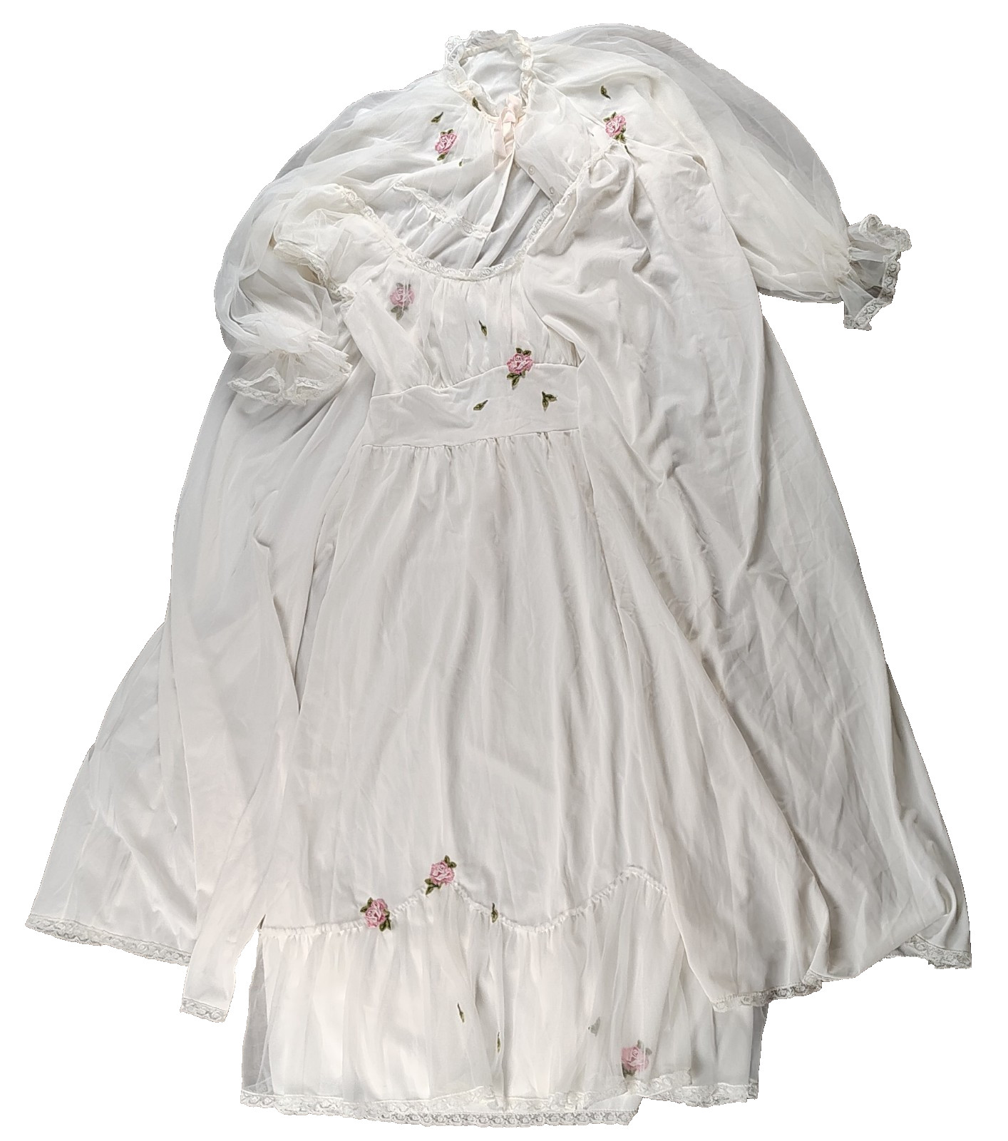 Vtg Laros Peignoir Set Nightgown Robe White Lace Rose Appliques Large 34 USA