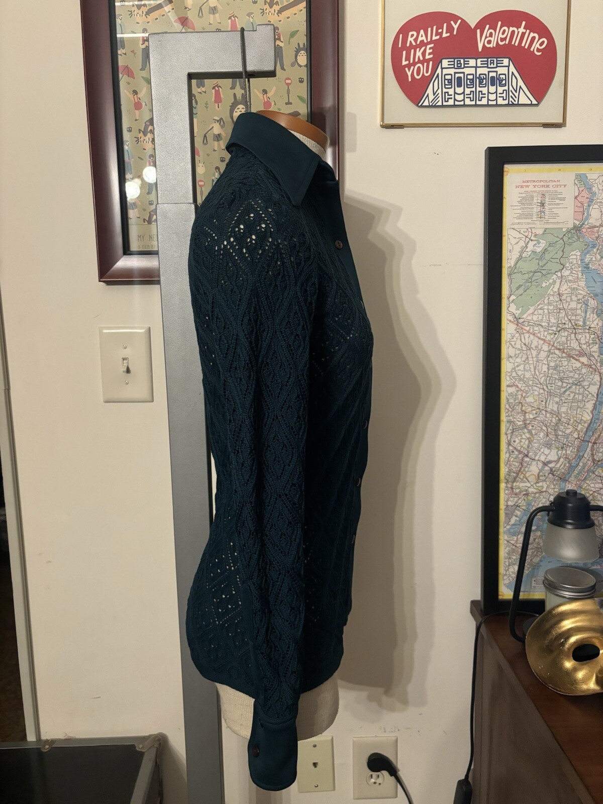 VINTAGE: Pointed Collar Geometric Sheer Knit Blouse *SZ. XS/S (PINE GREEN)