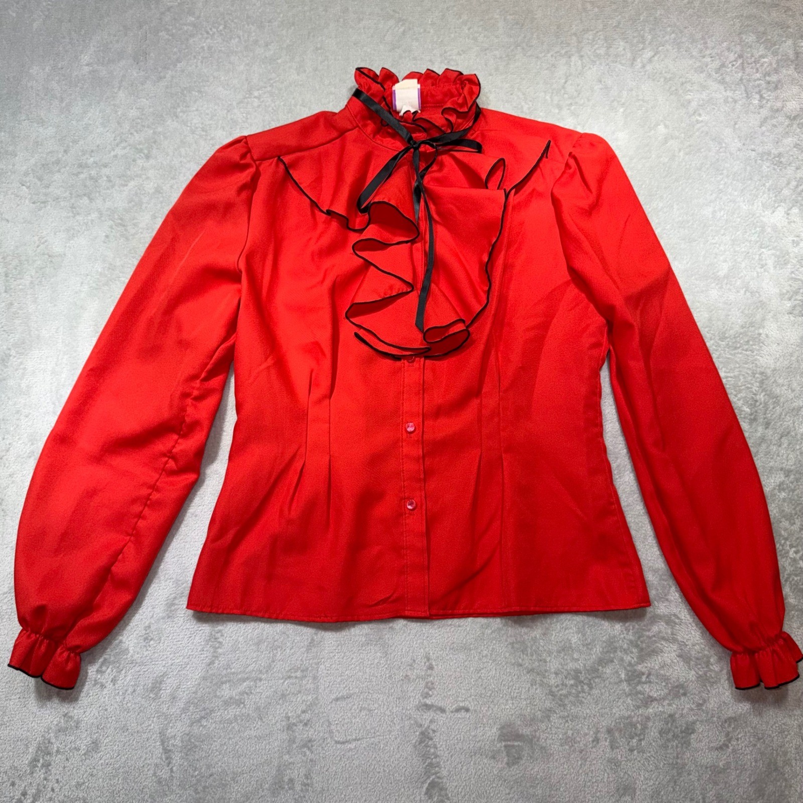 Office 70s Vintage Red Ruffle Blouse Tie Neck Victorian Secretary USA Union Made