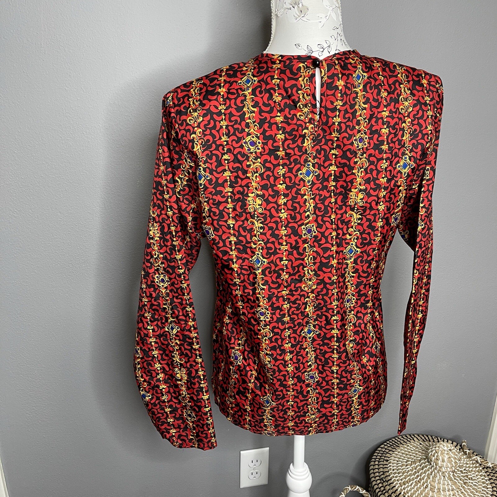 VTG Blouse Jewel Chain Print Secretary Granny floral Red 80s 90s Small