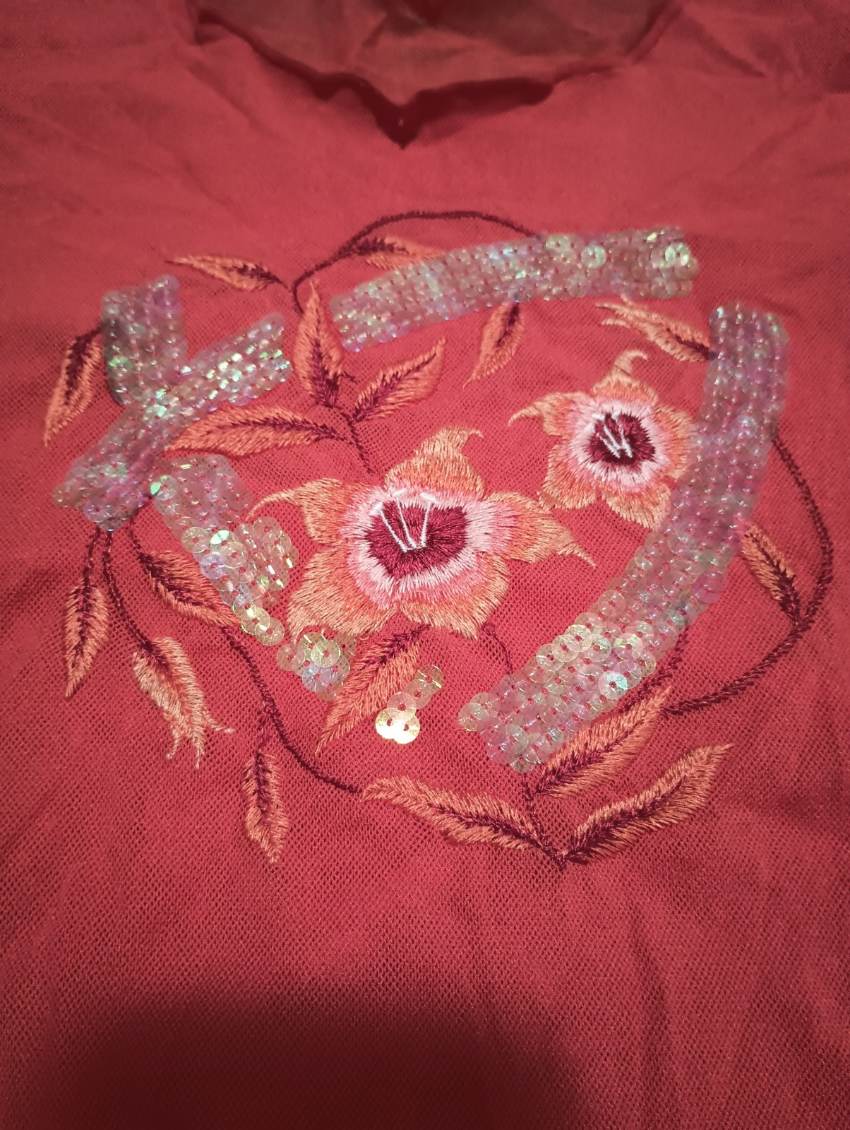Vtg 90s Orange Sheer Mesh Fishnet Embroidered Sequin Artsy Floral Top Blouse XS