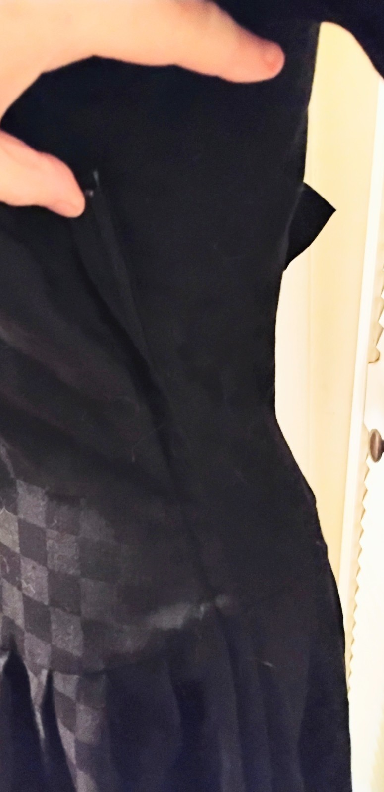 Vintage 80s Black Wool Shadow Check Kathryn Conover Open Bow Back Dress S M