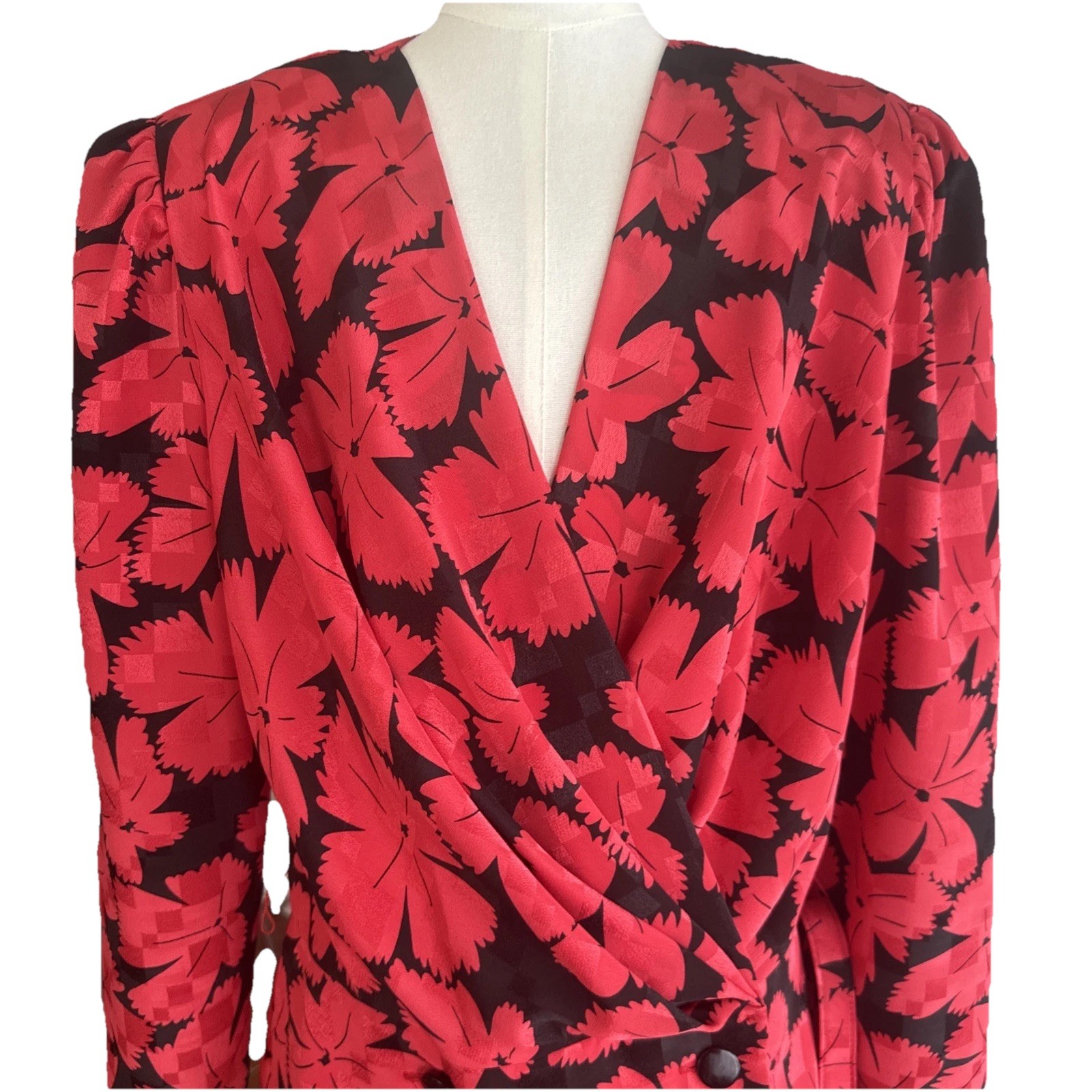 Vintage Nu Mode M Blouse Red Abstract Floral Ruched Fitted Career Elegant Blouse