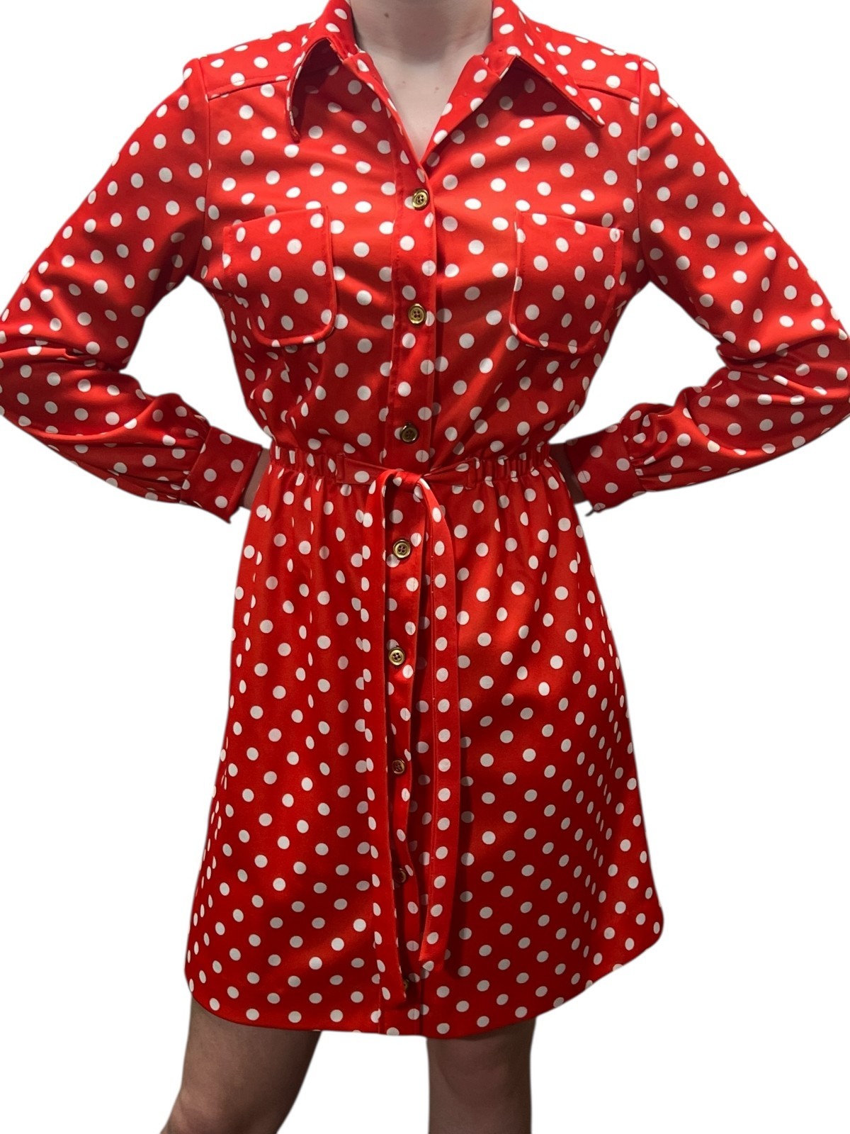 M Vtg 70s Red Polka Dot Knit Shirt Dress Neiman Marcus MOD Big Collar Secretary