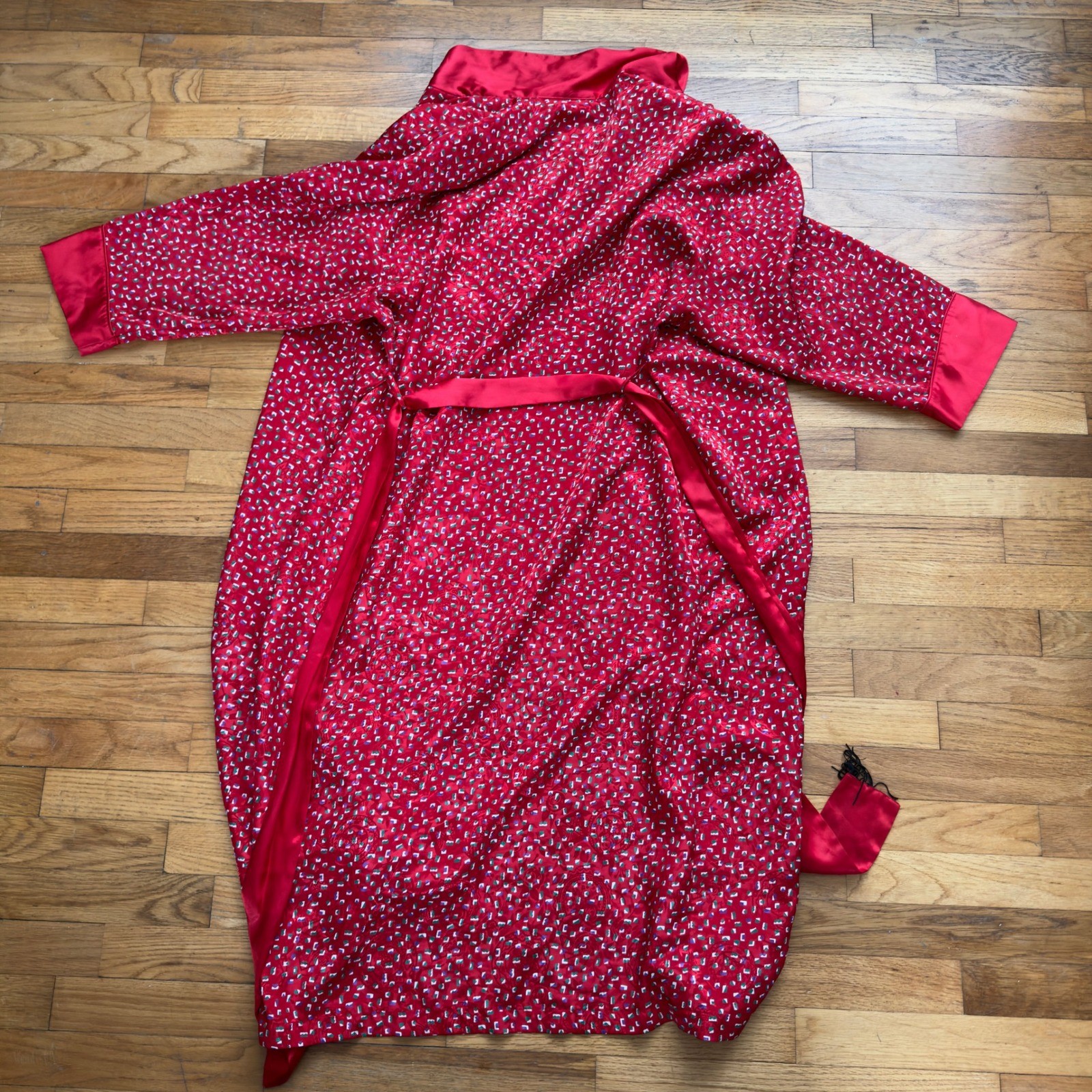 Vtg Victorias Secret Gold Label Red Satin Confetti Floral Robe M L Womens 90s