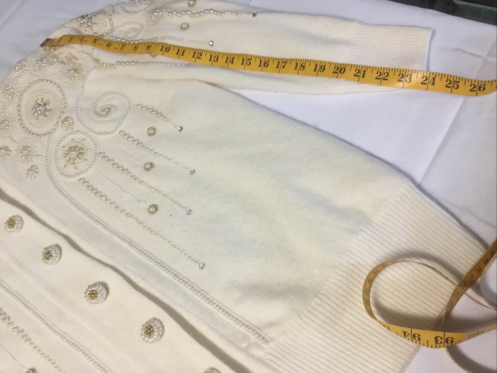 Vtg Belldini CardiganSweater Beaded WoolAngoraNylon L Ivory Shoulder Pads Lined