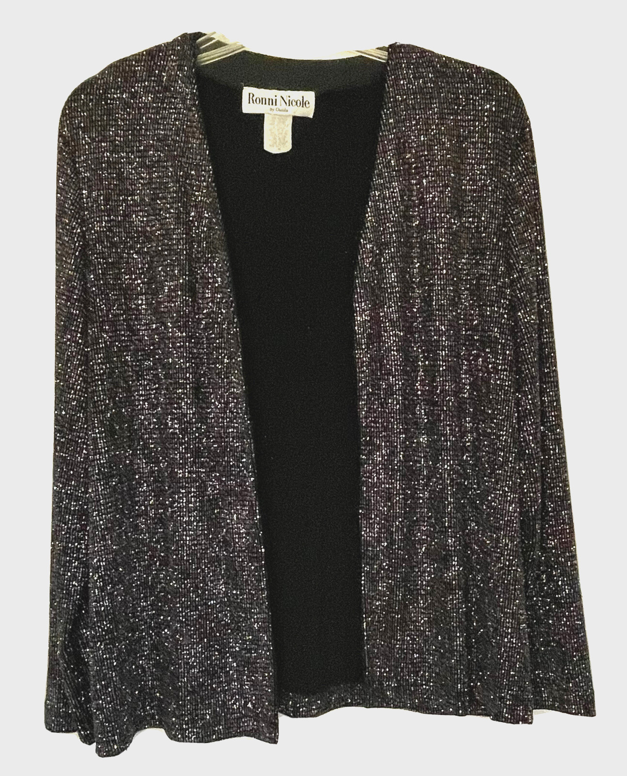 VTG 90s Ronni Nicole Black Sparkle Cardigan Sz M Open Front Glitter Shimmer Jack