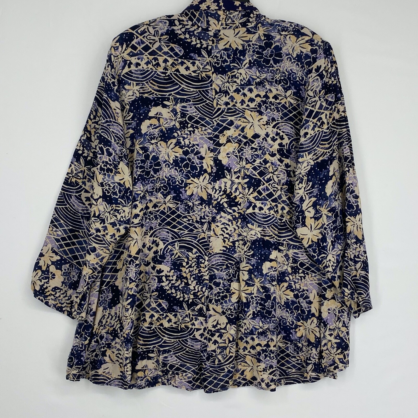 Kathryn Deene Women 14 16 Blazer Jacket Navy Beige Floral 100% Rayon USA Vintage