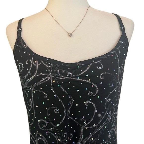 Vintage Black Glitter Sequin Mini Dress Cami Side Slit Skort XXLA Large XL