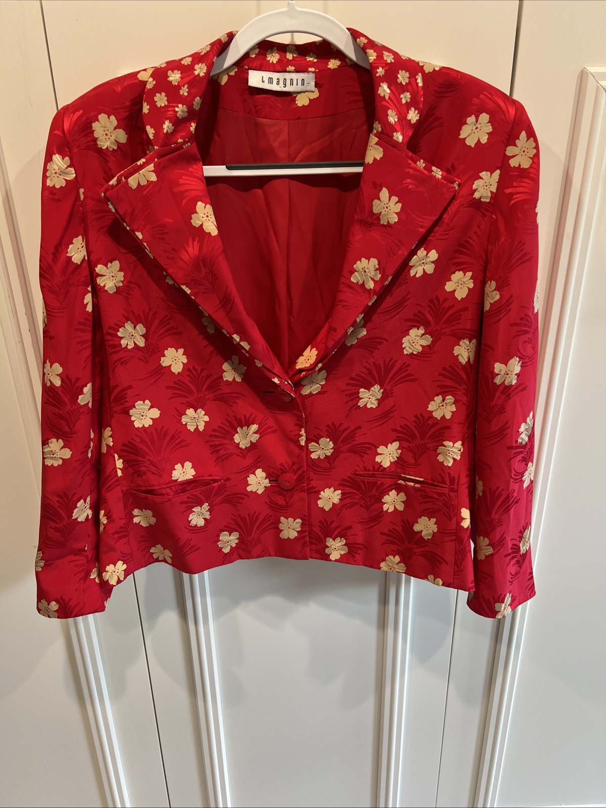 Vintage I Magnin Red Floral Silk Blazer Jacket Size 14 Baron Peters 80s Designer