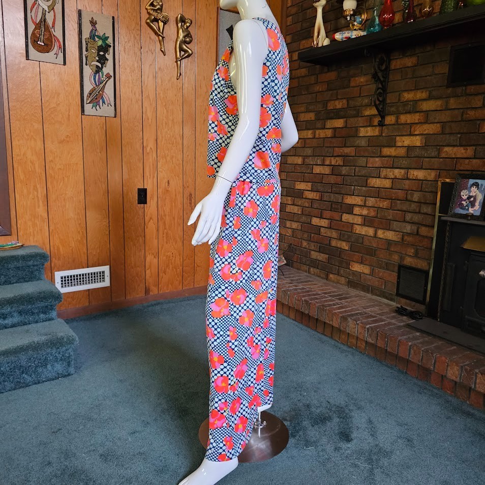 Vtg 70s Mod Op Art Bubble Psychedelic 3pc Tunic Top Wide Bellbottom Pantsuit M/L