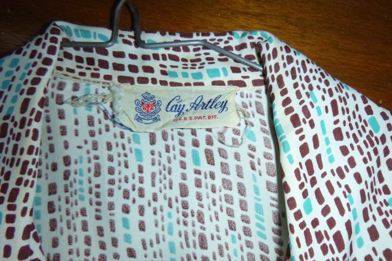 Vtg 40s 50s Cay Artley Rayon Shirt Dress Brown Aqua Geometric VOLUP Sz XL